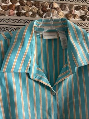 Liz Claiborne Striped Button Up Shirt Womens 14 Teal Blue White 3/4 Sleeves